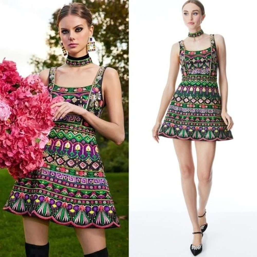 Alice + Olivia Tricia Embellished Mini Dress Black/Multi Size 6 - Picture 3 of 9